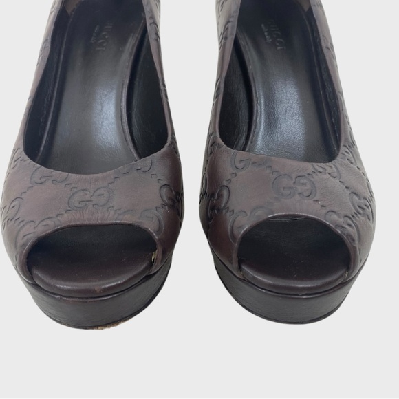 GUCCI Brown Leather Guccissima GG Logo Peep Toe Platform Pumps Size 36 1/2 - Picture 4 of 10